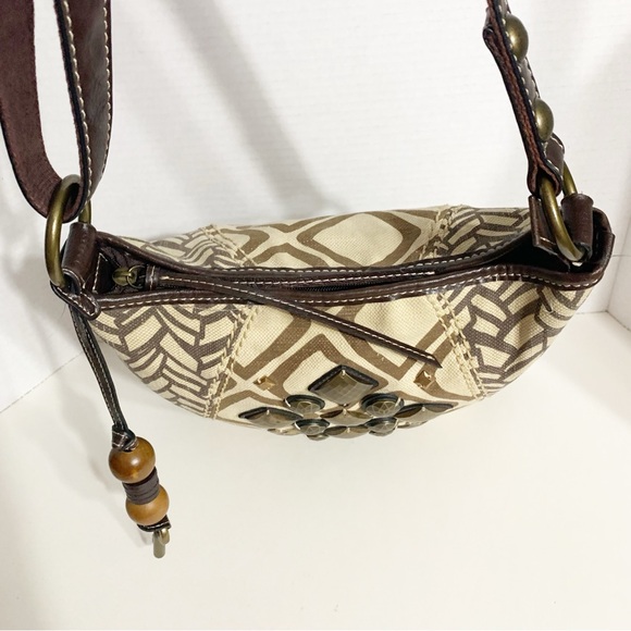 Fossil Ari Embellished Beige Brown Cotton Canvas Hobo Handbag Purse Brass Toned - Picture 10 of 14